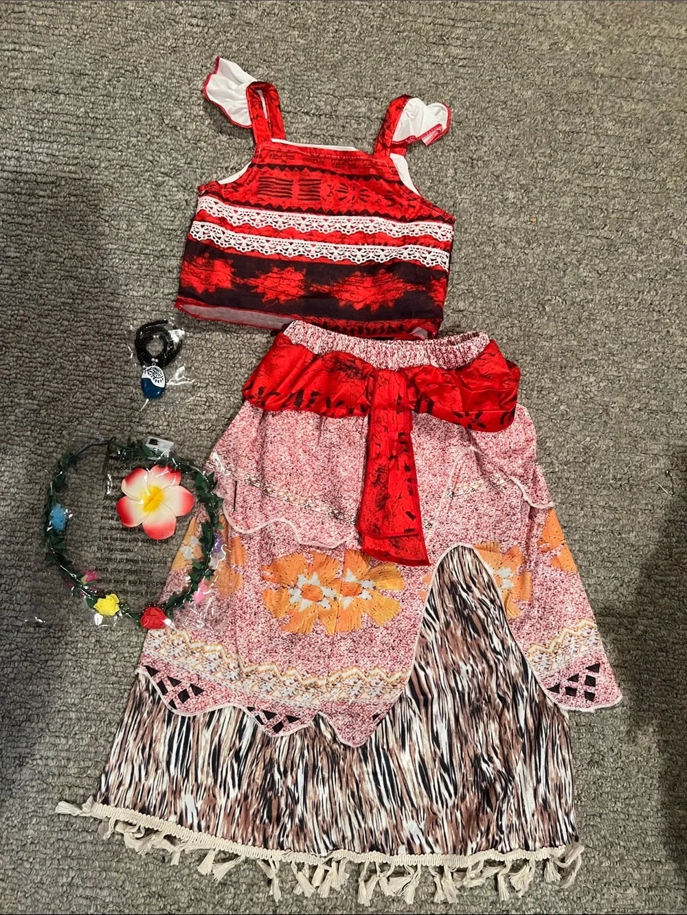 Moana Two-Piece Crop Top & Skirt Set with necklace and light up head piece 5-6